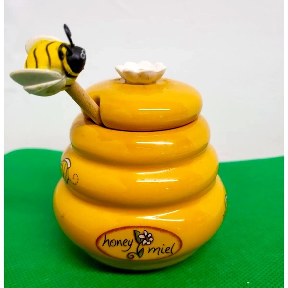 Joie Kitchen Vtg Honey Miel Ceramic Beehive Pot Jar With Lid Wooden